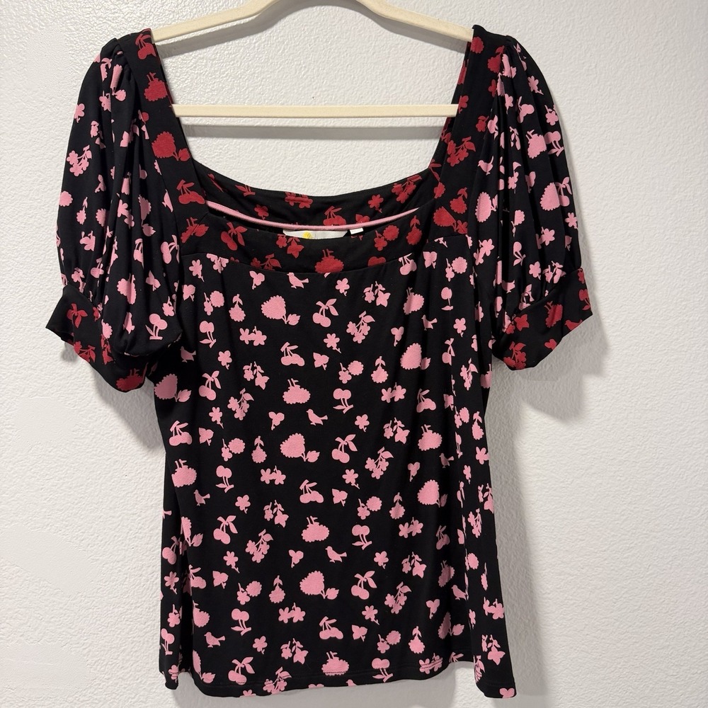 Boden Size- US 10 Womens Top‎ Puff Sleeve Pink Cherry Blosson Black